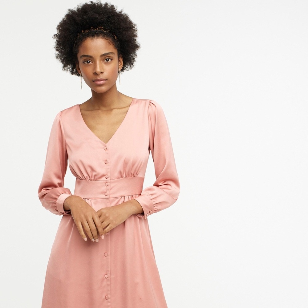 J. Crew A-Line Blush Long Sleeve Satin Button Front Midi Dress Spring | Size 6